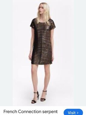 French Connection Navy & Gold Serpent Striped  Shift Dress